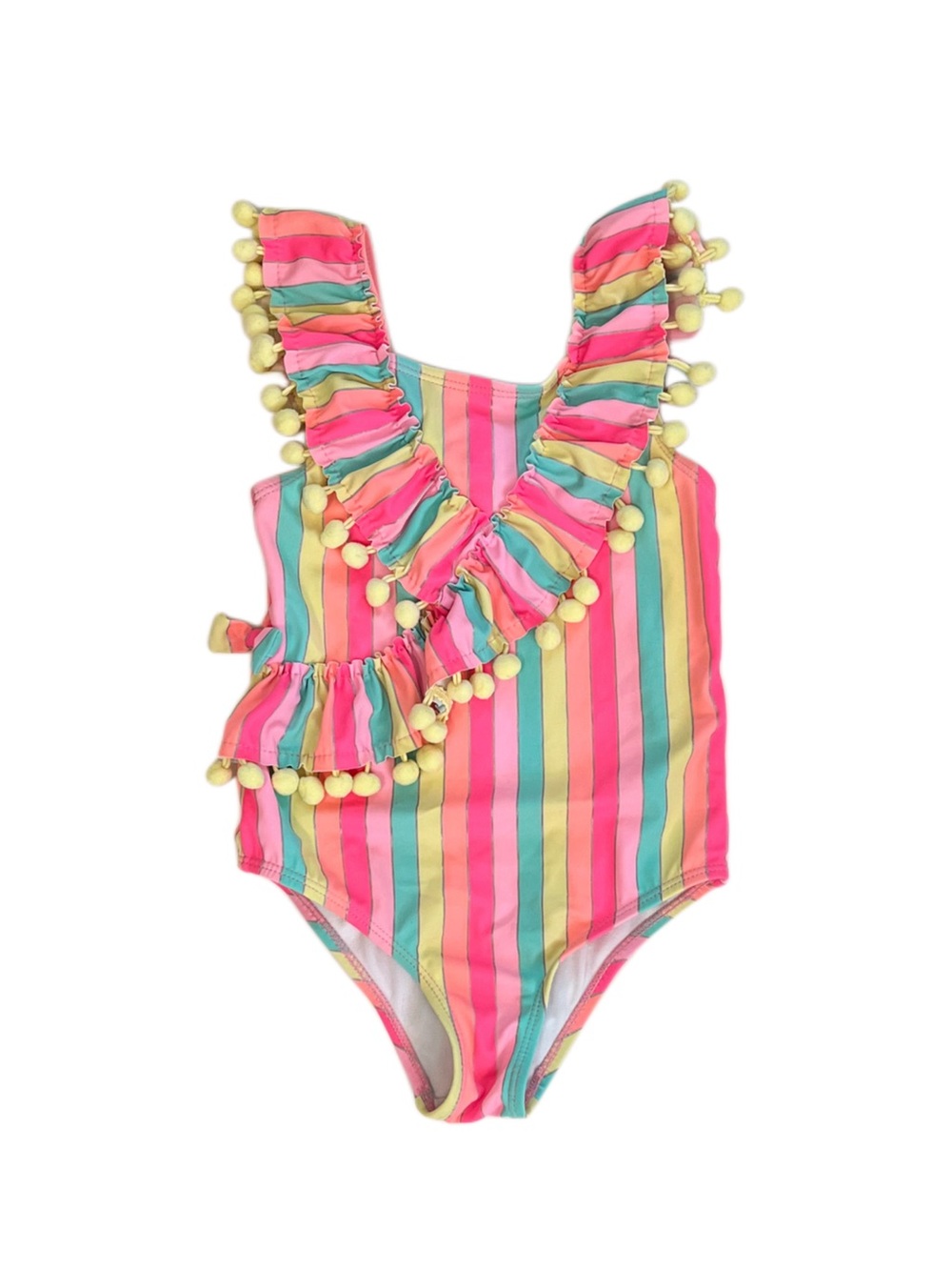 Nicole Miller Pink Teal Yellow Multicolor Stripe Pom-Pom One-Piece Swimsuit | 5T
